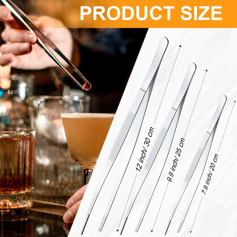 Yaomiao 4 Packs 12 Inch Bar Tweezers Silver Cocktail Tongs Long Garnish Tweezers Stainless Steel Bartender Kitchen Cooking Tongs for Cocktail Food Fruit Korean BBQ Bartender Chef, Multi-use - Image 2